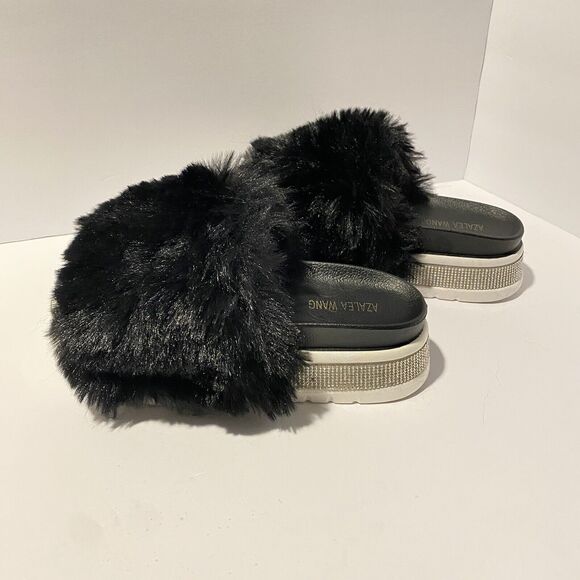 Azalea Wang Rhinestone Fur Slide Sandals Platform Size 7 Chic Glamorous Bling - Picture 4 of 13